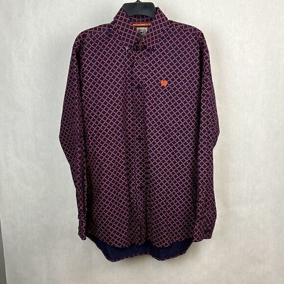 Cinch Button Down Shirt Mens Size Small Navy Blue Orange Print Long Sleeve - Picture 1 of 6